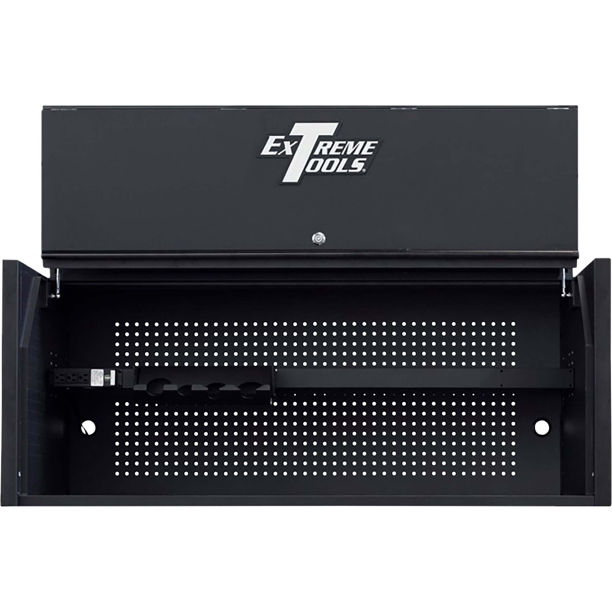 Extreme Tools Power Workstation Hutch - 55in.W x 25in.D, Adjustable Shelf, Power Strip, Black, Model# RX552501HCMBBK